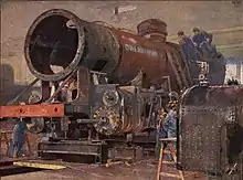 Drawing showing men building a locomotive.