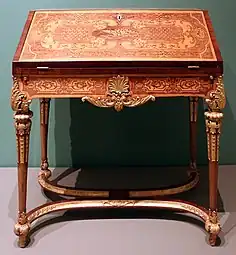 Baroque slant-front desk; by Heinrich Ludwig Rohde or Ferdinand Plitzner; c.1715–1725; marquetry with maple, amaranth, mahogany, and walnut on spruce and oak; 90 × 84 × 44.5&nbsp;cm; Art Institute of Chicago