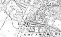High Orchard on an 1880s Ordnance Survey map showing timber yards on the east bank of the canal