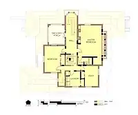 Hills House Second Floor Plan 1977. Walls, doors, and windows which were not built in the same location as before the fire are marked in bold.
