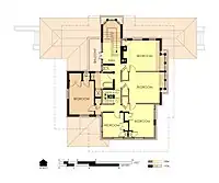 Hills House Second Floor Plan in 1906. Outline of the earlier house is shown in yellow.