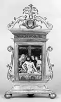 Italian, painted enamel and gilt-copper frame, early 16th century. The main image after a plaquette. 19&nbsp;cm high