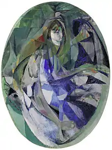 Jacques Villon, 1912, Girl at the Piano (Fillette au piano), oil on canvas, 129.2 × 96.4&nbsp;cm, oval, Museum of Modern Art, New York. Exhibited at the 1913 Armory Show, New York, Chicago and Boston. Purchased from the Armory Show by John Quinn