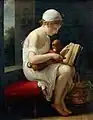 A little girl wanting to teach her dog how to read. Exhibited at the Salon of 1799.