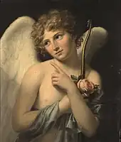 Cupid depicted in Love who has just stolen a rose, circa 1796. Oil on parquet panel.