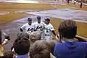 Bullpen coach Joe Pignatano, third base coach Eddie Yost, and first base coach Yogi Berra in September 1969.