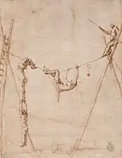 Acrobats on a High Wire, ca. 1634–35, pen & wash, 25.7 x 19.8&nbsp;cm.,  Real Academia de Bellas Artes de San Fernando