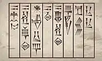 King Dudu of Agade, complete alabaster vase inscription (transcription in standard Sumero-Akkadian cuneiform): "Dudu, the Great king of Akkad, for Nergal of Apiak has dedicated this".