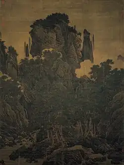 Li Tang (Chinese: 李唐; pinyin: Lǐ Táng; Wade–Giles: Li T'ang, 1050 – 1130), Wind in Pines Among a Myriad Valleys, Chinese: 萬壑松風圖, 1124, ink and color on silk, 188.7&nbsp;cm (74.2&nbsp;in); Width: 139.8&nbsp;cm (55&nbsp;in), collected by National Palace Museum, Taipei.