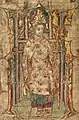 Folio 3v. A bishop, possibly St.Peblig, blessing and wearing a mitre, and holding a crosier.