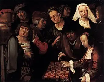 Image 11Lucas van Leyden, c. 1508, The Game of Chess, oil on oak, 27 x 35 cm, Gemäldegalerie, Berlin (from Chess in the arts)