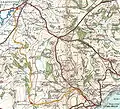 Map of line in 1919, showing sharp curves (grid squares of 2&nbsp;mi (3.2&nbsp;km), contours 50&nbsp;ft (15&nbsp;m))