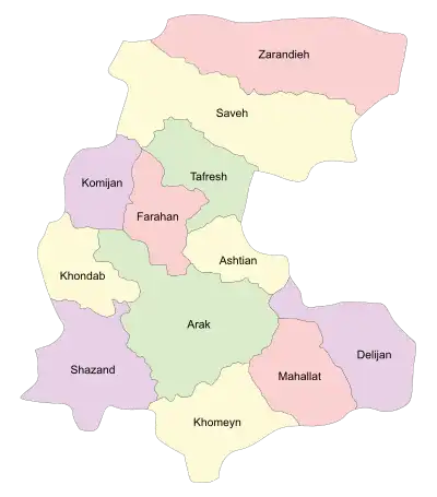 Location of Tafresh County in Markazi province (top center, green)