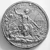 Reverse of the marriage medal of Mary I, inscribed CECIS VISVS TIMIDIS QVIES - "Sight for the Blind, Tranquility for the Fearful".