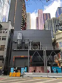 Acoustic shed at a State Library station construction site on A'Beckett Street, 2019.