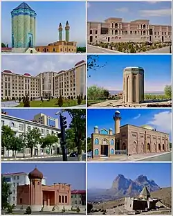 Landmarks of Nakhcivan, from top left:Garabaghlar Mausoleum • Khan PalaceNakhcivan Hospital • Momine KhatunCity Centre • Juma MosqueFeminine Centre • Nakhcivan Mountains
