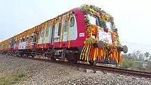 A Nepal Railway train on its inaugural run after the rail line's upgradation.