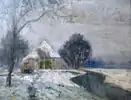 North German winter landscape: Frisian house on a narrow river, about 1925
