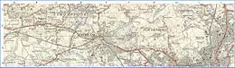 3: Extract from OS 1-25,000 scale maps SD73 (west section pub 1955) and SD83 (east section published 1954) showing historical locations around Padiham. Grid lines are 1&nbsp;km.