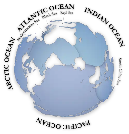 Image 17Oceans cover almost three quarters (71%) of the surface of the Earth, and nearly half of the world's marine waters are over 3000 m deep. This global, interconnected body of salt water, called the World Ocean, is divided by the continents and archipelagos into the following five bodies, from the largest to the smallest: the Pacific Ocean, the Atlantic Ocean, the Indian Ocean, the Southern Ocean, and the Arctic Ocean. Official boundaries are defined by the International Hydrographic Organization. (Credit: Alexandre Van de Sande.) (from Portal:Earth sciences/Selected pictures)