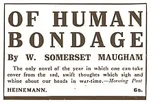 press advertisement quoting a review: "The only novel of the year in which one can take cover from the sad, swift thoughts that sigh and wine about our heads in war-time"