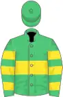 Emerald green, yellow hoop, hooped sleeves, emerald green cap