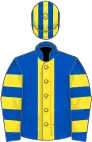 Royal blue, yellow stripe, hooped sleeves, striped cap