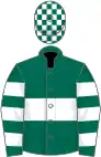 Dark green, white hoop, hooped sleeves, check cap