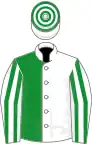 White and green (halved), striped sleeves, hooped cap