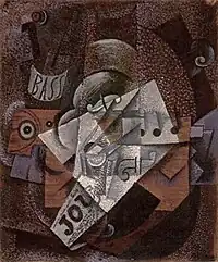 1913, Bouteille, clarinet, violon, journal, verre, 55 × 45&nbsp;cm (21 × 17 in). This painting from the collection of Wilhelm Uhde was confiscated by the French state and sold at the Hôtel Drouot in 1921.