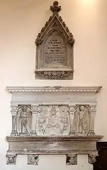 Two elaborate stone tablets set into a plain wall and lit from above.  One is pentagonal and has black writing in an arched recess; the other, immediately below, is larger, rectangular and has effigies of three people.