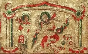 Left: a man holding a plate of fruits; right: a bearded man is performing the Huteng dance. Both figures have haloes.
