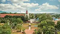Aerial side view of the church