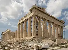 The Parthenon under restoration in 2008, the most iconic Classical building, built from 447 BC to 432 BC, located in Athens