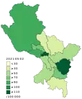 Confirmed deaths by COVID-19 per 100,000 inhabitants by province of Cuzco.