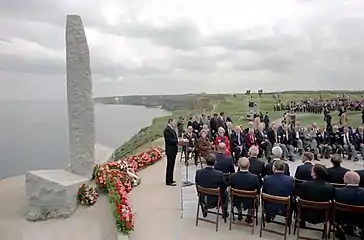US President Ronald Reagan giving a speech commemorating the 40th anniversary of the event.