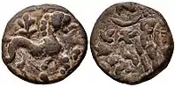 Coin of Rajuvula with lion and Herakles holding lion skin. Here the king's title is Mahakshatrapa' "Great Satrap". Coin probably minted in Taxila.