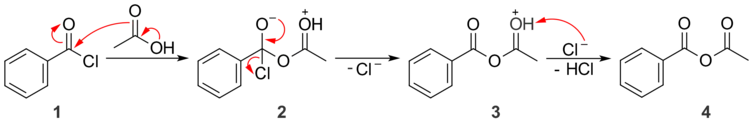 Benzoyl chloride and acetic acid react to give a mixed anhydride.