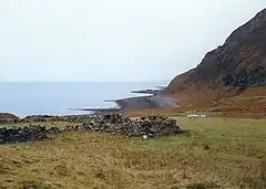 Ruined buildings (stone walls or foundations) are commonly seen in crofting areas. These are in the settlement of Boreraig, Skye which was cleared in 1853 and are probably remains of one of the houses that was abandoned at that time.