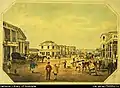 Rundle Street looking east, 1846 (Adelaide (Pirie Street): Published by Penman & Galbraith, 1851, lithograph ; sheet 20.2 x 25.7&nbsp;cm. National Library of Australia.