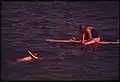 A snorkeler and surfer at the beach in September 1974