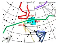 Constrains from ancient Chinese and Japanese observations of SN 1181 (cyan area) and the position of 3C 58 and Pa 30 according to Schaefer 2023