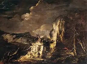 Rocky Landscape with a Huntsman and Warriors (c. 1670), oil on canvas, 142 x 192&nbsp;cm., Louvre