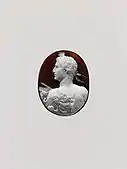 Cameo portrait of the Emperor Augustus; 41–54 AD; sardonyx; 3.7 by 2.9 by 0.8 centimetres (1.46&nbsp;in ×&nbsp;1.14&nbsp;in ×&nbsp;0.31&nbsp;in); Metropolitan Museum of Art (New York City)