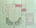Schéma du Château-Vieux de Meudon en cours de démolition, 22 February 1805. En rose foncé, ce qu'il reste à démolir. ADY, 2Q 34