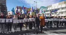 The Serbia Against Violence coalition activists, with its representatives Vladimir Obradović and Dobrica Veselinović in the front, presenting its list to the City of Belgrade Electoral Commission on 12 November