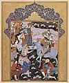 Shepherds and nobles welcome a mounted prince and princess.  Attributed to Muhammad Qasem. Isfahan, ca. 1648