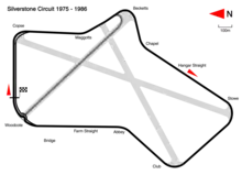 1975 to 1986: with the Woodcote Chicane in place to reduce speeds through Woodcote Corner. Track length: 4.718&nbsp;km. Lap record: Keke Rosberg, Williams-Honda, 1:05.591 (1985 British Grand Prix).