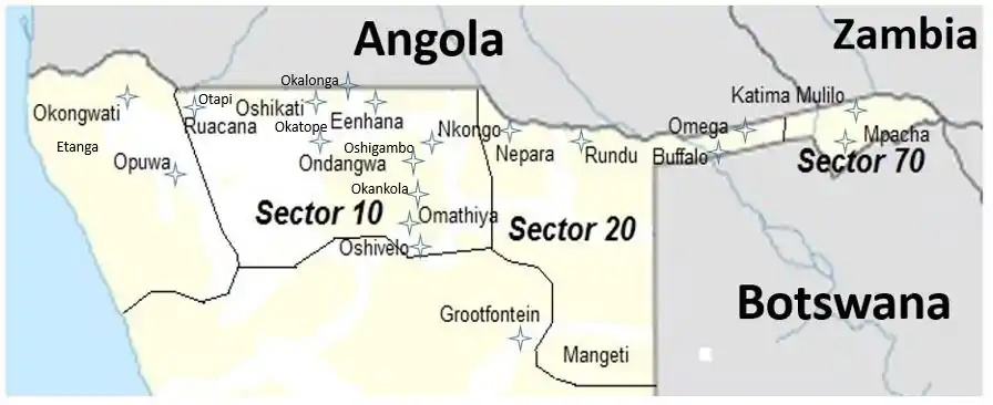 Simplified map of the front line sectors of South West Africa (not all secondary bases marked)