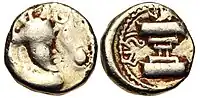 Ranadityasatya. Circa 524 to mid-6th century CE. Crowned bust right; sun-wheel symbol to right. Fire altar; ranadityasatya in Brahmi around.